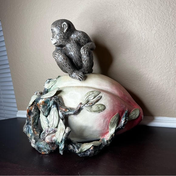 Vintage MCM Large Longevity Peach Ceramic Sculpture w Monkey Seated on Top - Picture 2 of 10